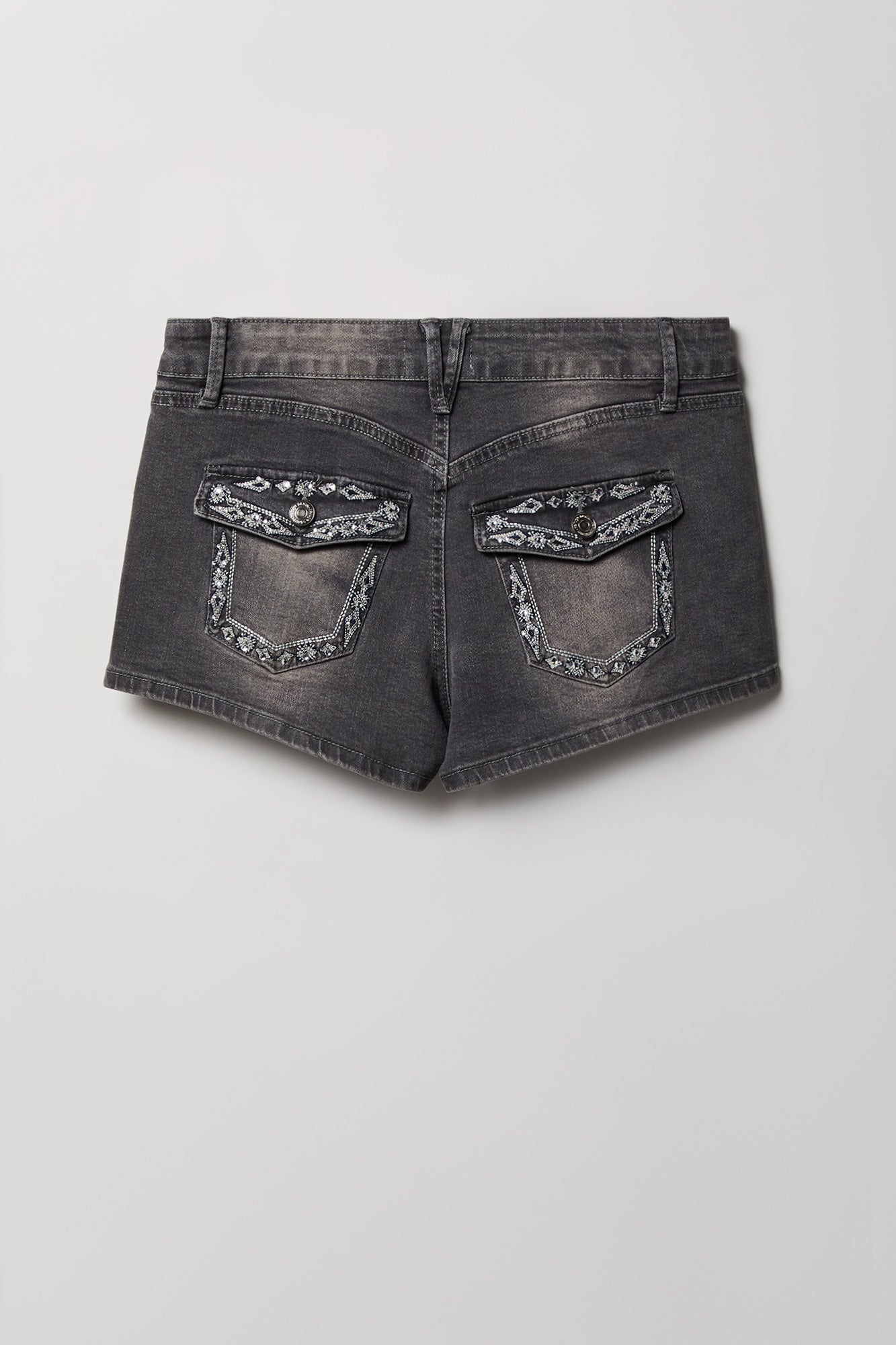 Stretch Mid Rise Rhinestone Detail Denim Short