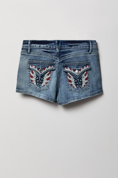 Stretch Mid Rise Rhinestone Detail Denim Short