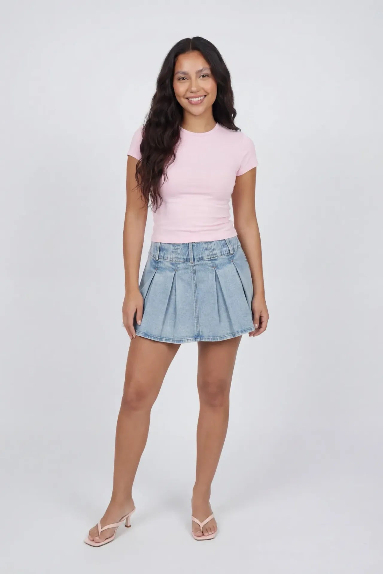 Pleated Denim Mini Skort