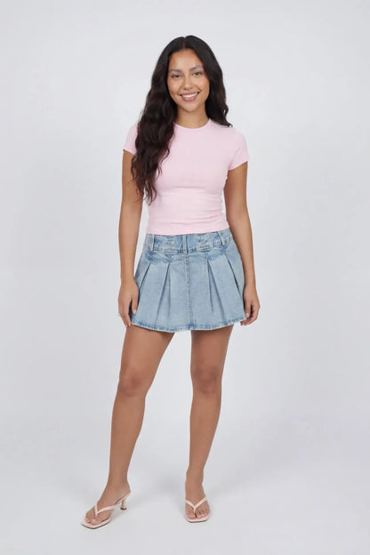 Pleated Denim Mini Skort