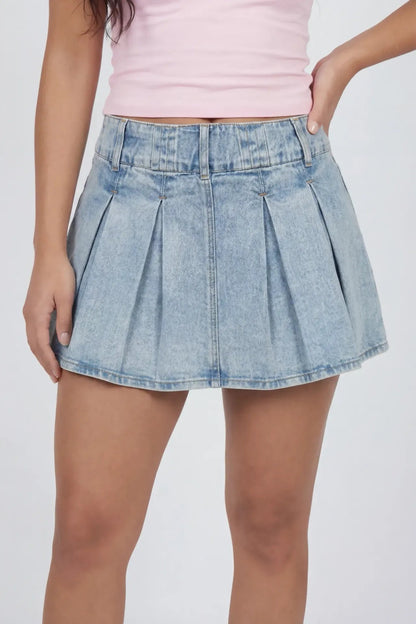 Pleated Denim Mini Skort