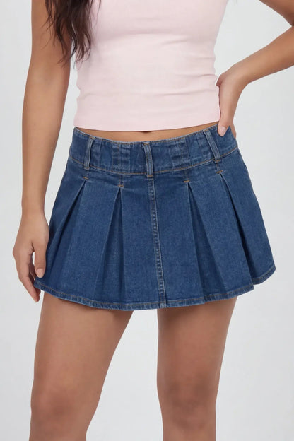 Pleated Denim Mini Skort