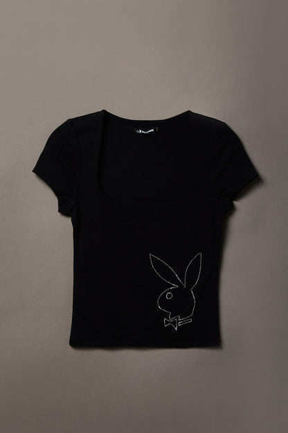 Soft Contour Playboy Rhinestone Square Neck T-Shirt