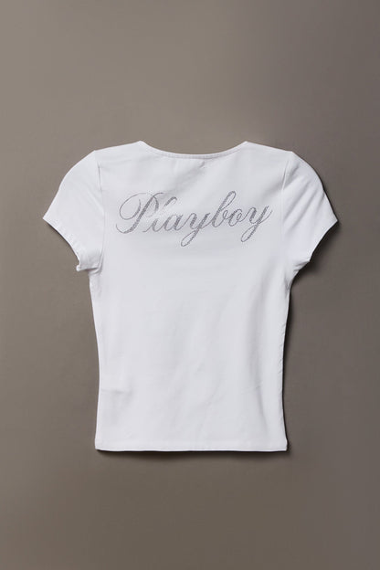 Soft Contour Playboy Rhinestone Square Neck T-Shirt