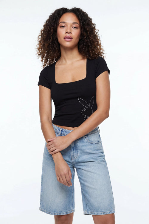 Soft Contour Playboy Rhinestone Square Neck T-Shirt