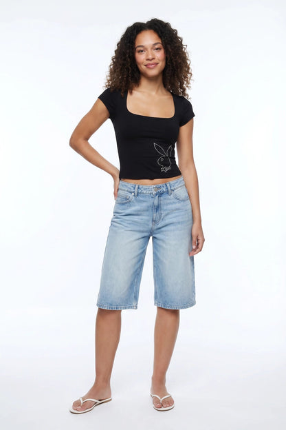 Soft Contour Playboy Rhinestone Square Neck T-Shirt