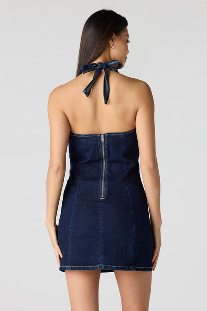 Stretch Denim Halter Mini Dress