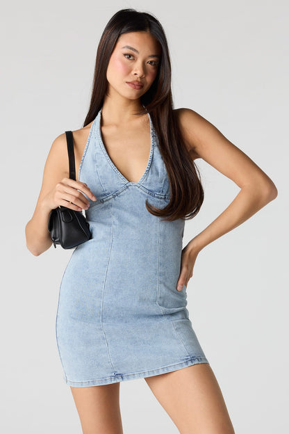 Stretch Denim Halter Mini Dress