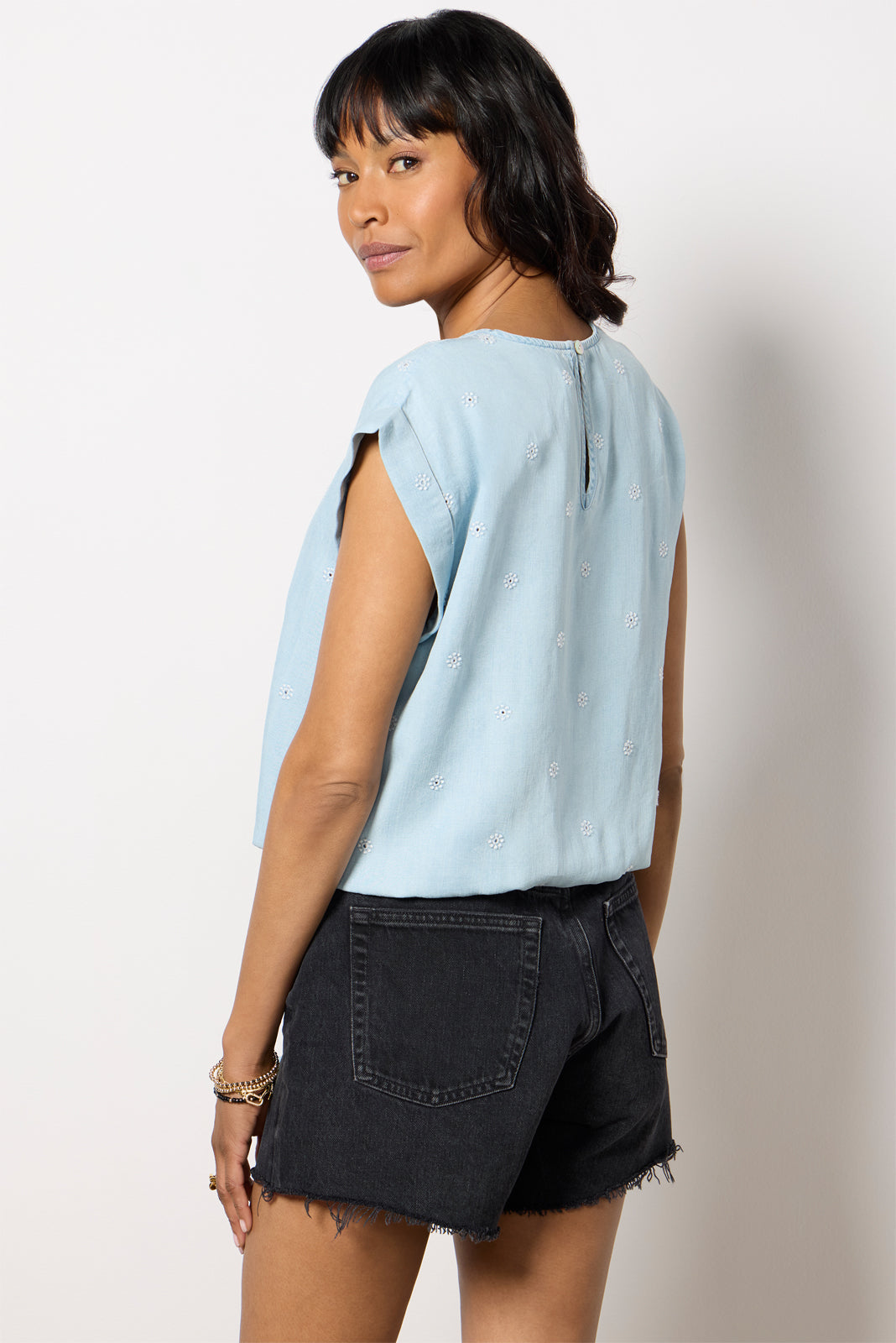 Embroidered Chambray Top