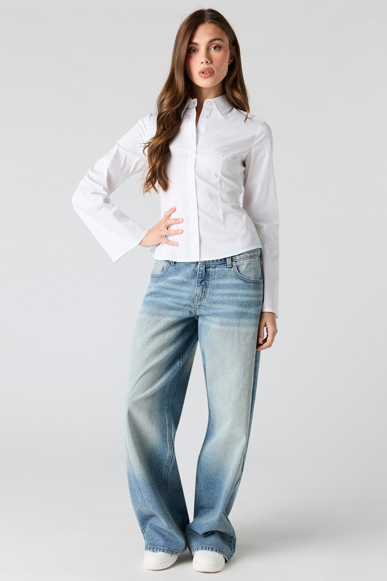 Fitted Bell Sleeve Button-Up Top