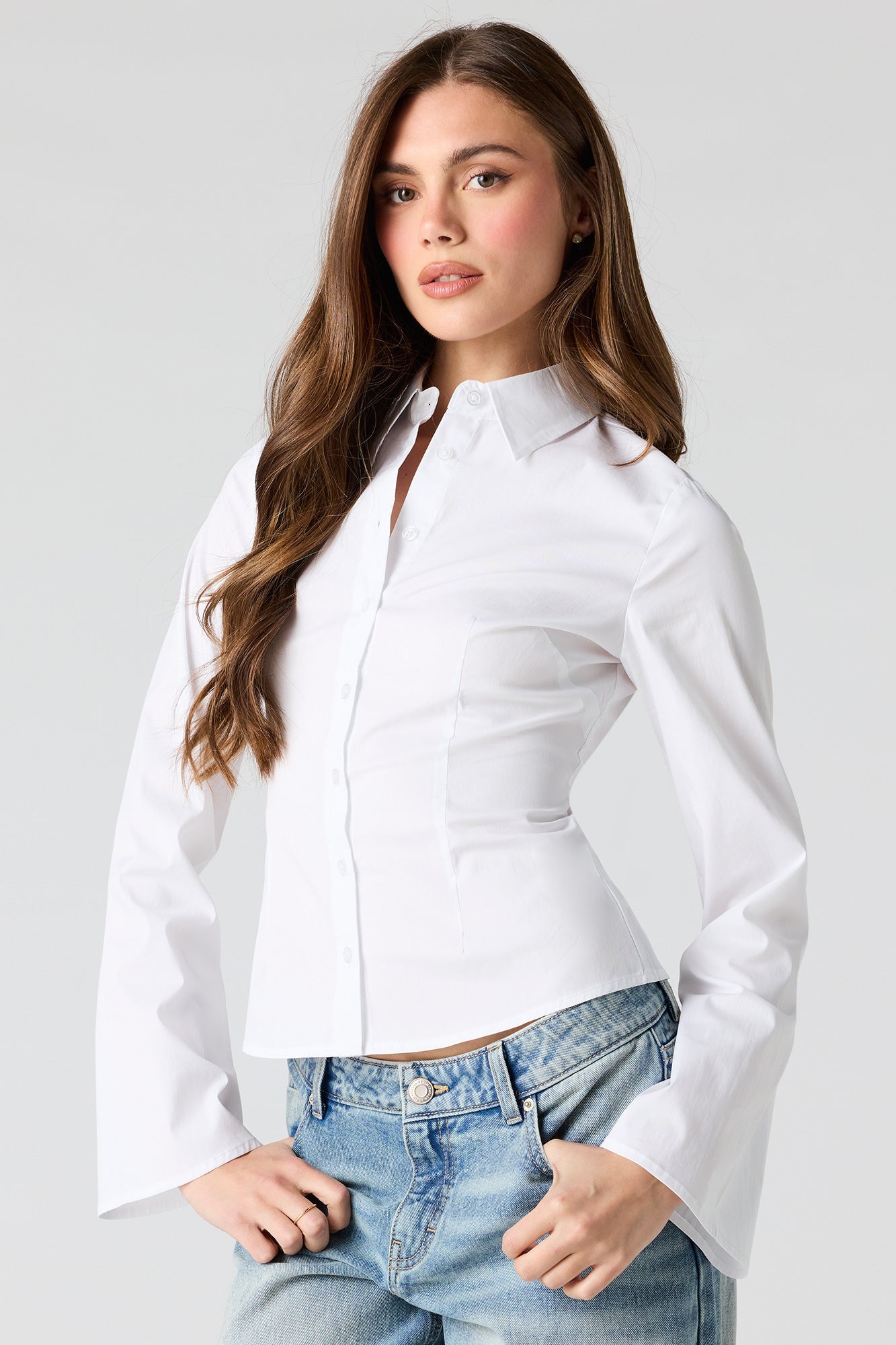 Fitted Bell Sleeve Button-Up Top