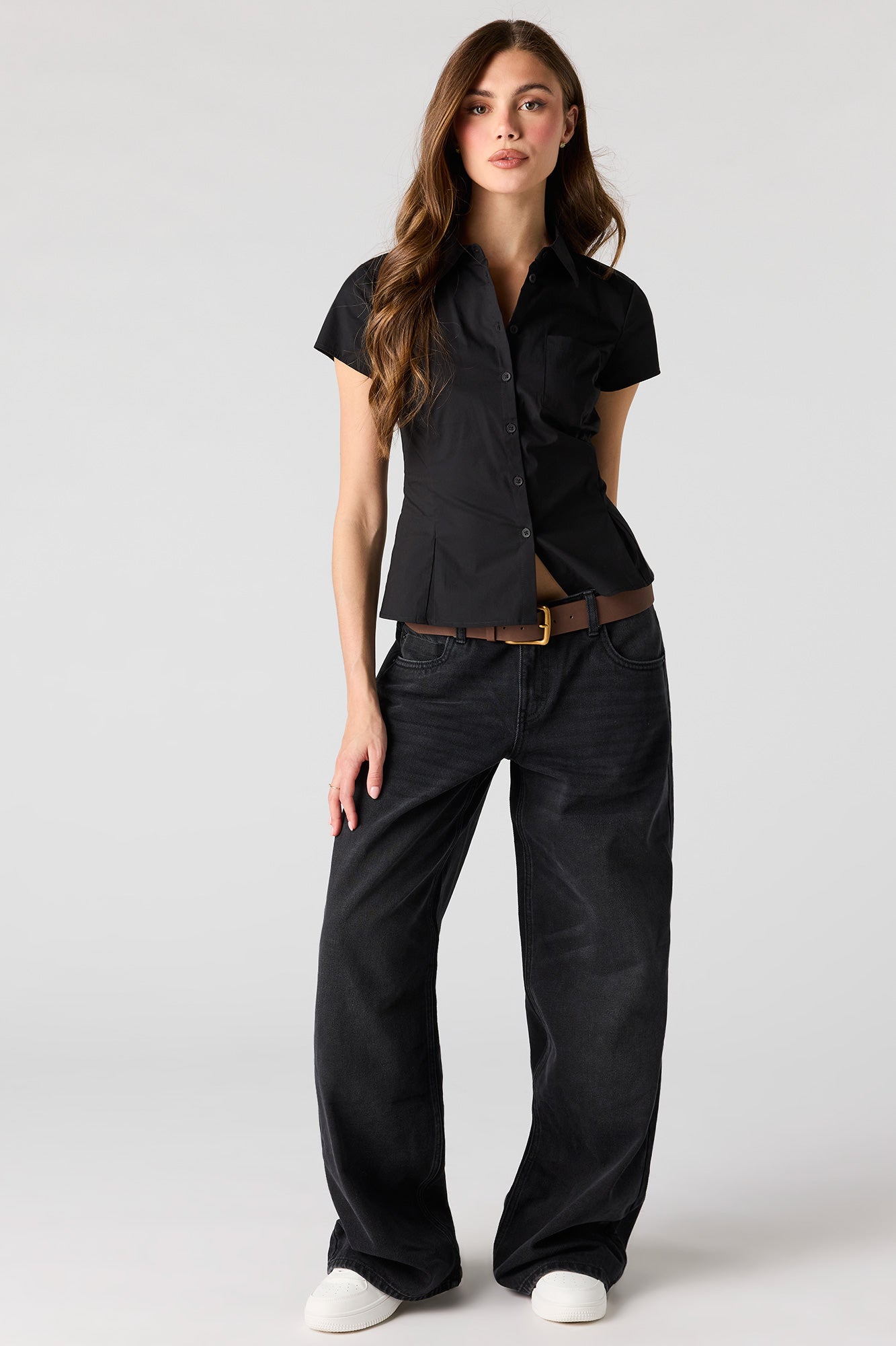 Fitted Short Sleeve Button-Up Top