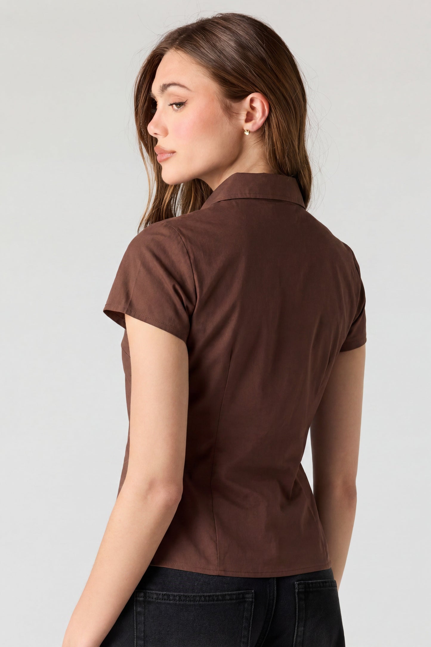Fitted Short Sleeve Button-Up Top