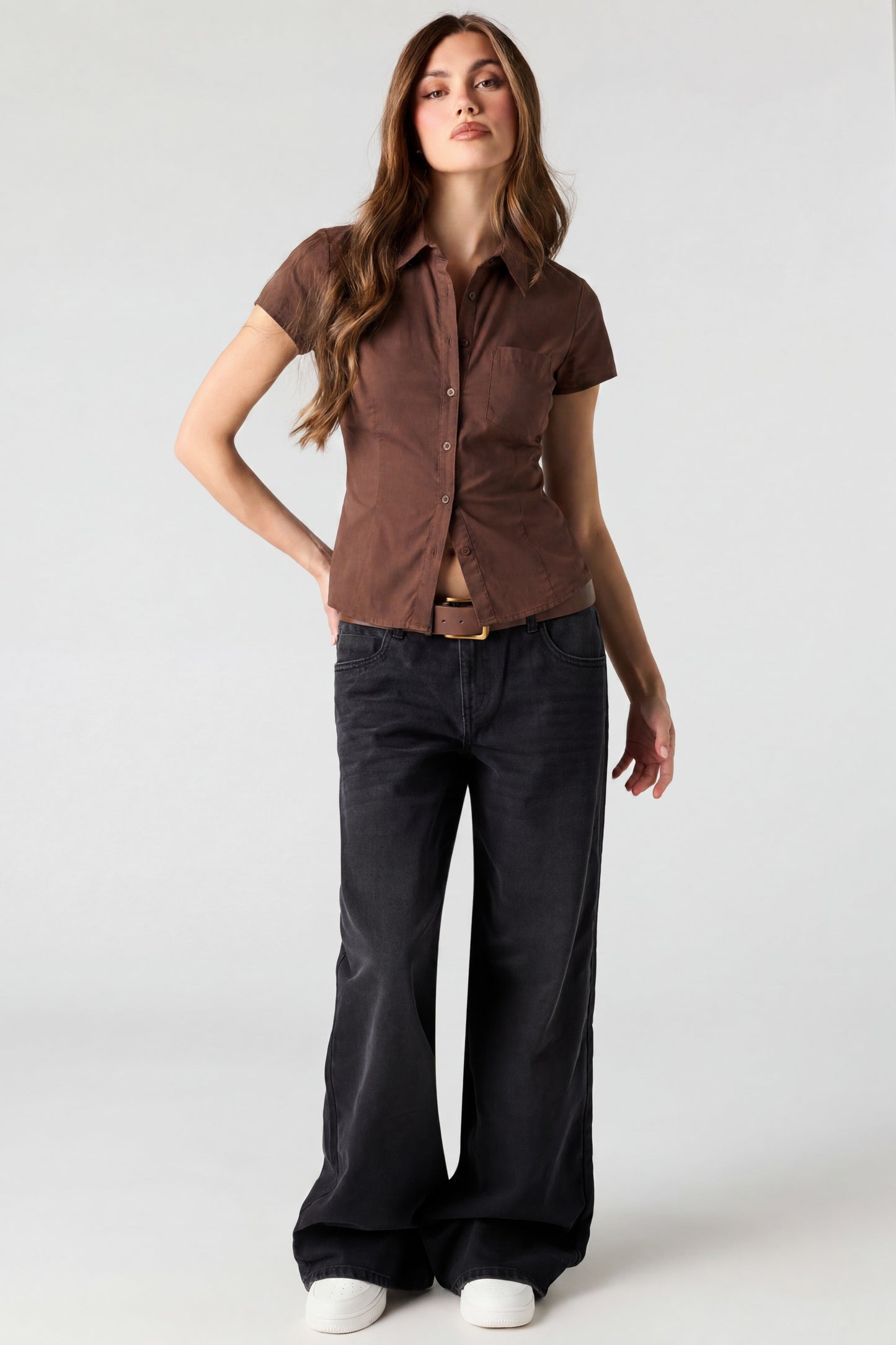 Fitted Short Sleeve Button-Up Top