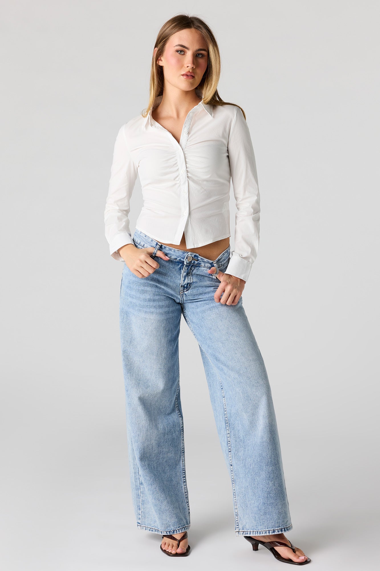 Long Sleeve Cinched Button-Up Top