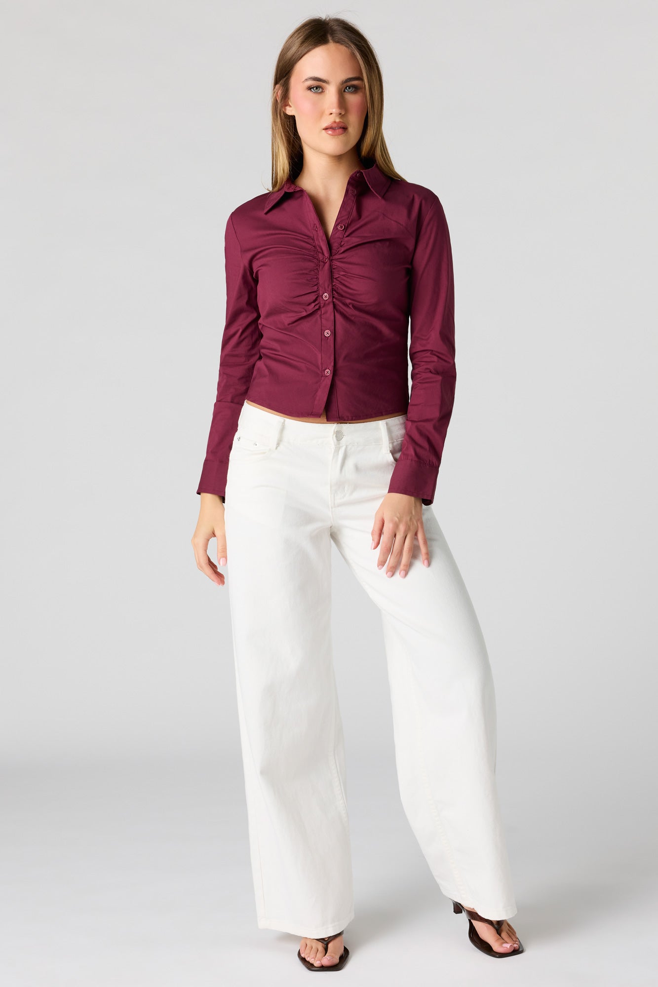 Long Sleeve Cinched Button-Up Top