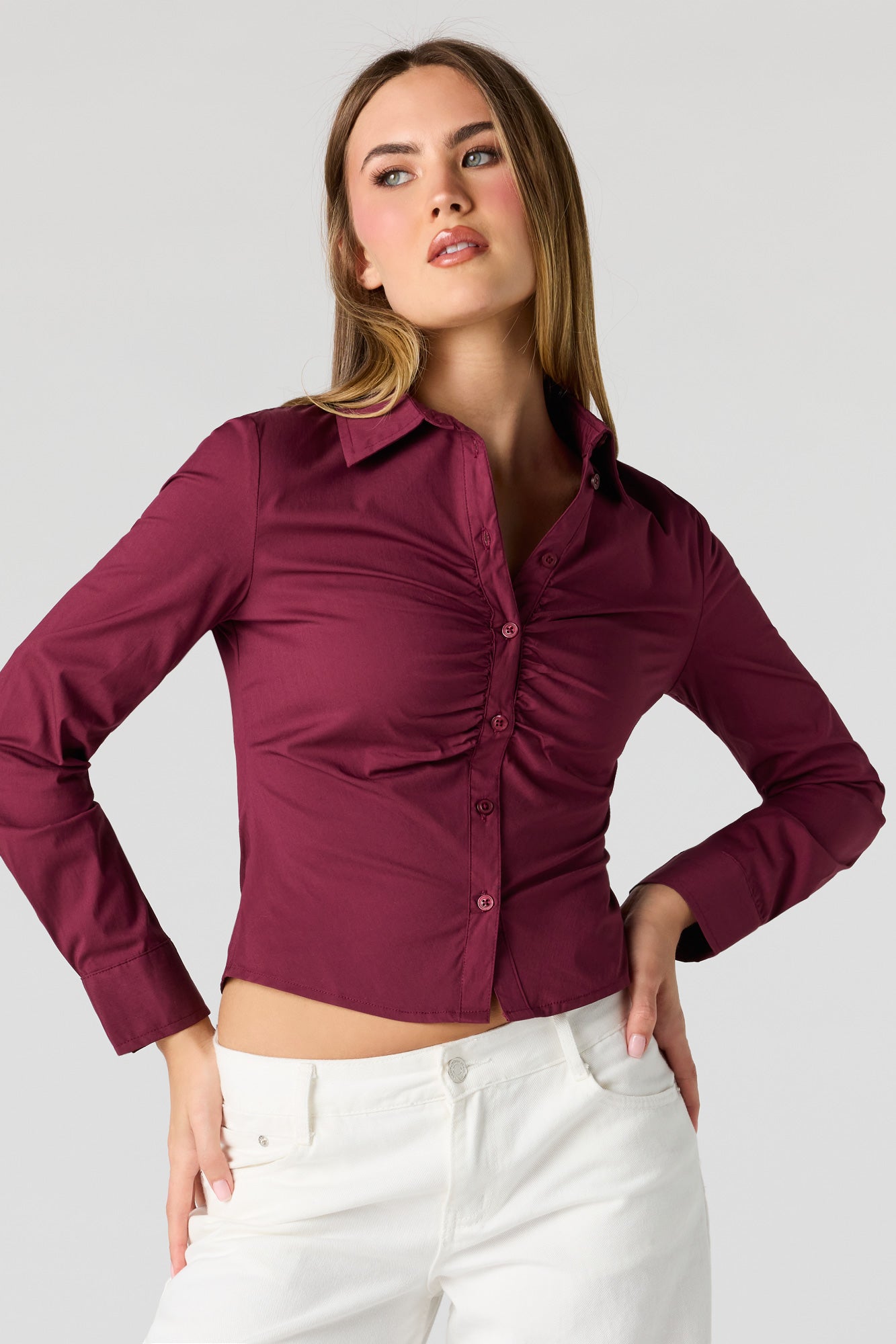 Long Sleeve Cinched Button-Up Top