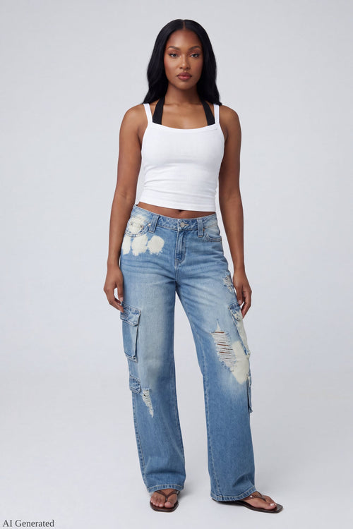 Ripped Low Rise Cargo Jean