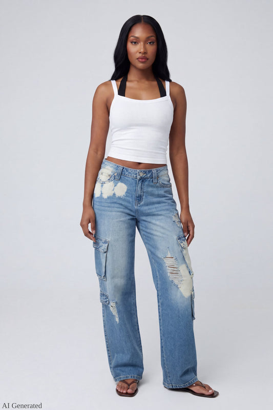 Ripped Low Rise Cargo Jean