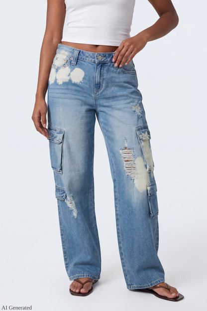 Ripped Low Rise Cargo Jean