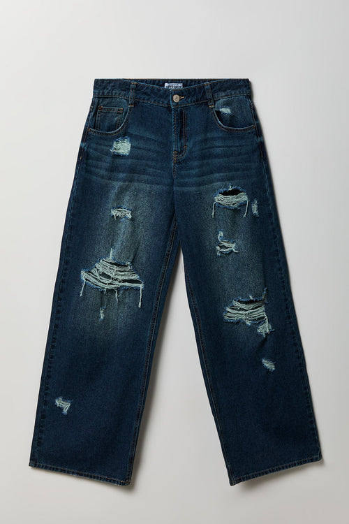 London Ripped Low Rise Super Baggy Dark Jean