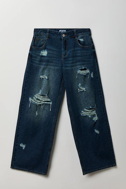 London Ripped Low Rise Super Baggy Dark Jean