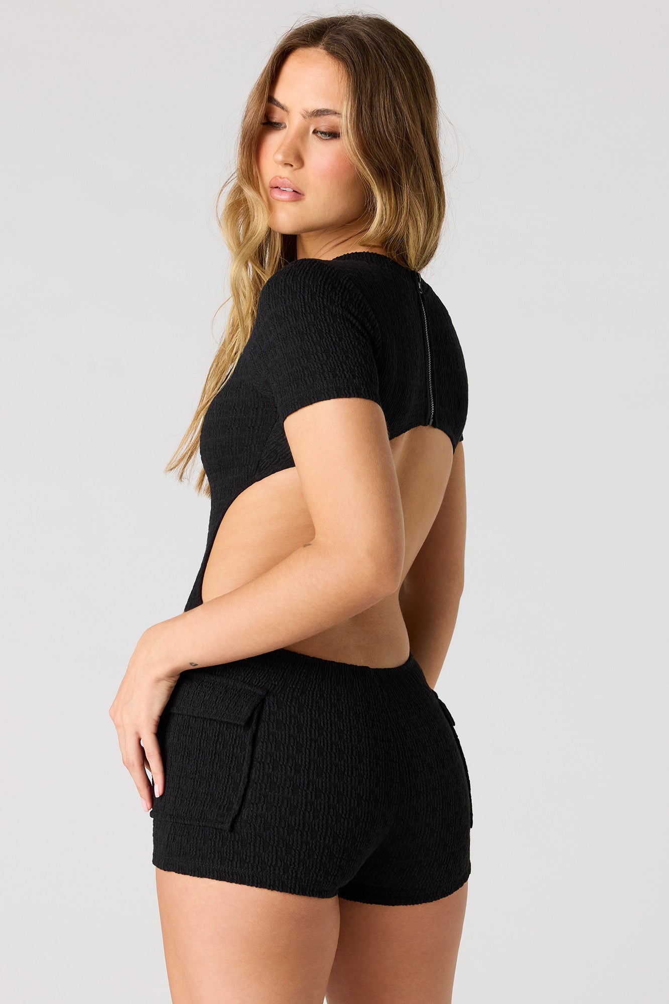 Textured Cutout Short Sleeve Romper