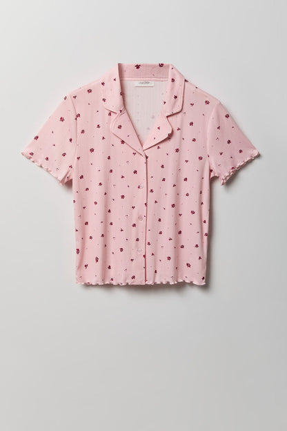 Pointelle Button-Up Top & Short Pajama Set