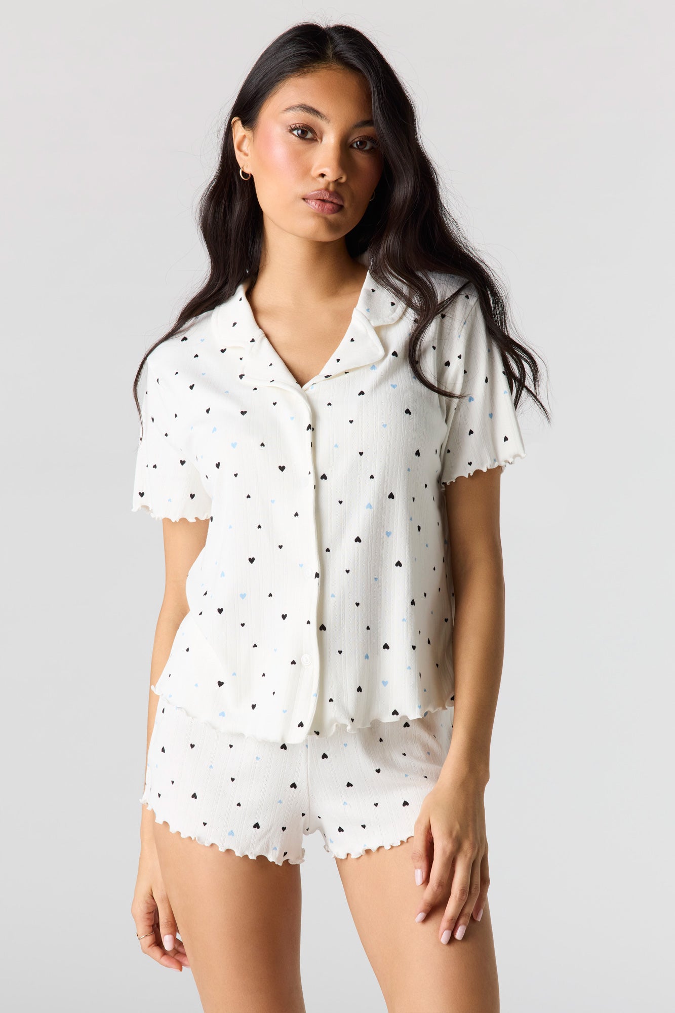 Pointelle Button-Up Top & Short Pajama Set