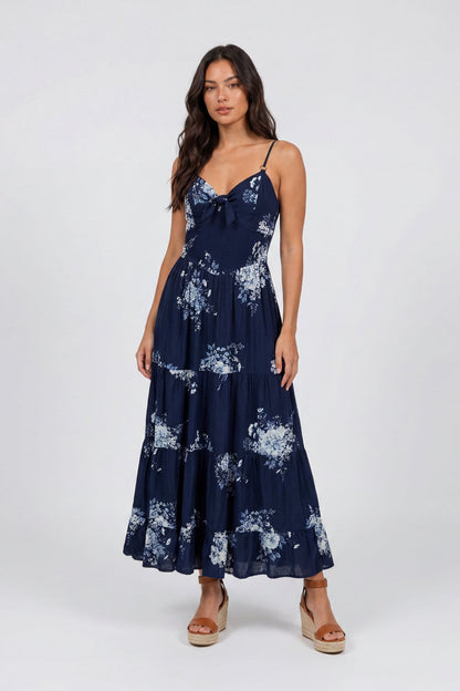 Bow Cinched Waist Tiered Maxi Dress