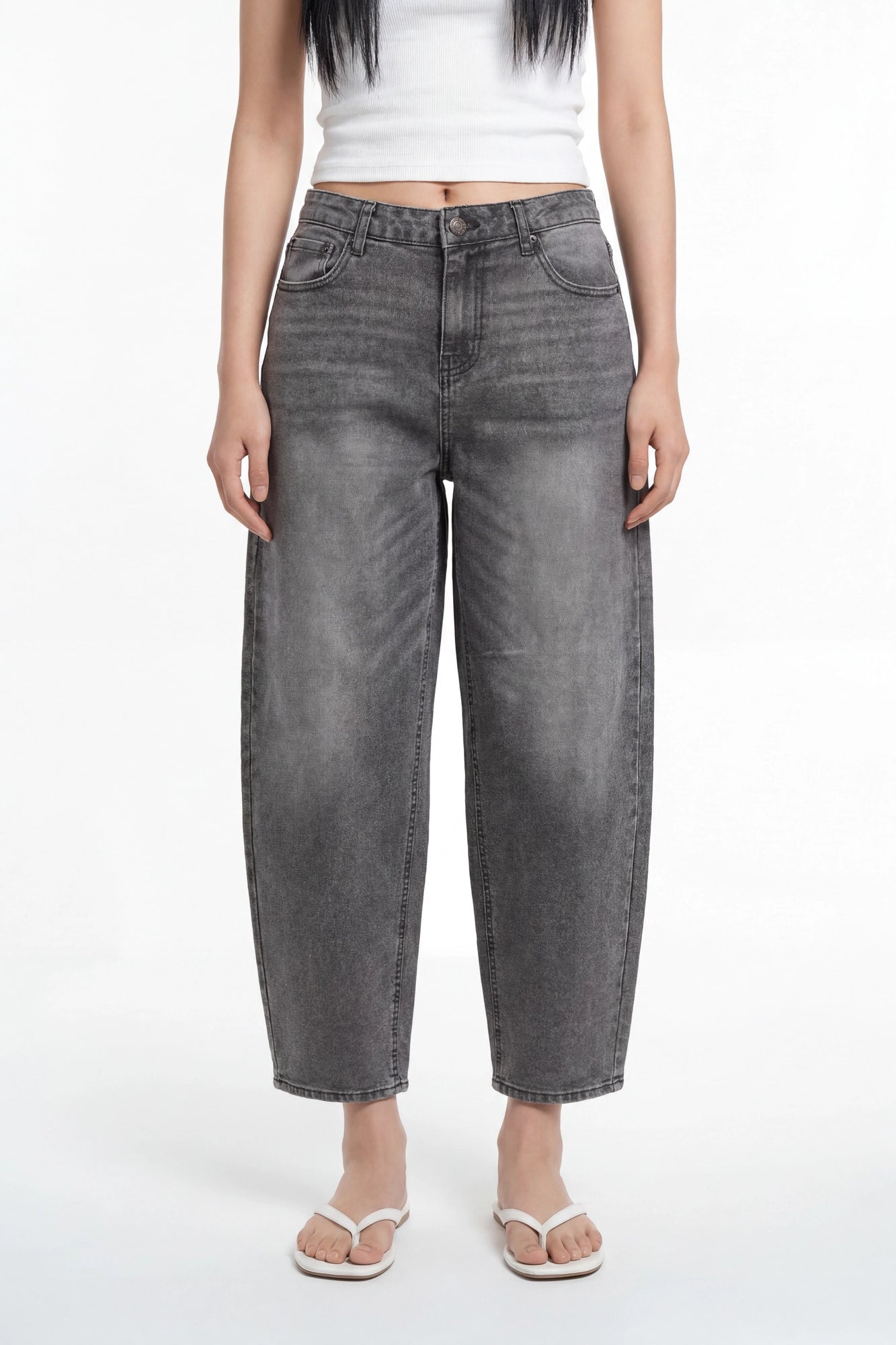 Stretch High Rise Barrel Grey Jean