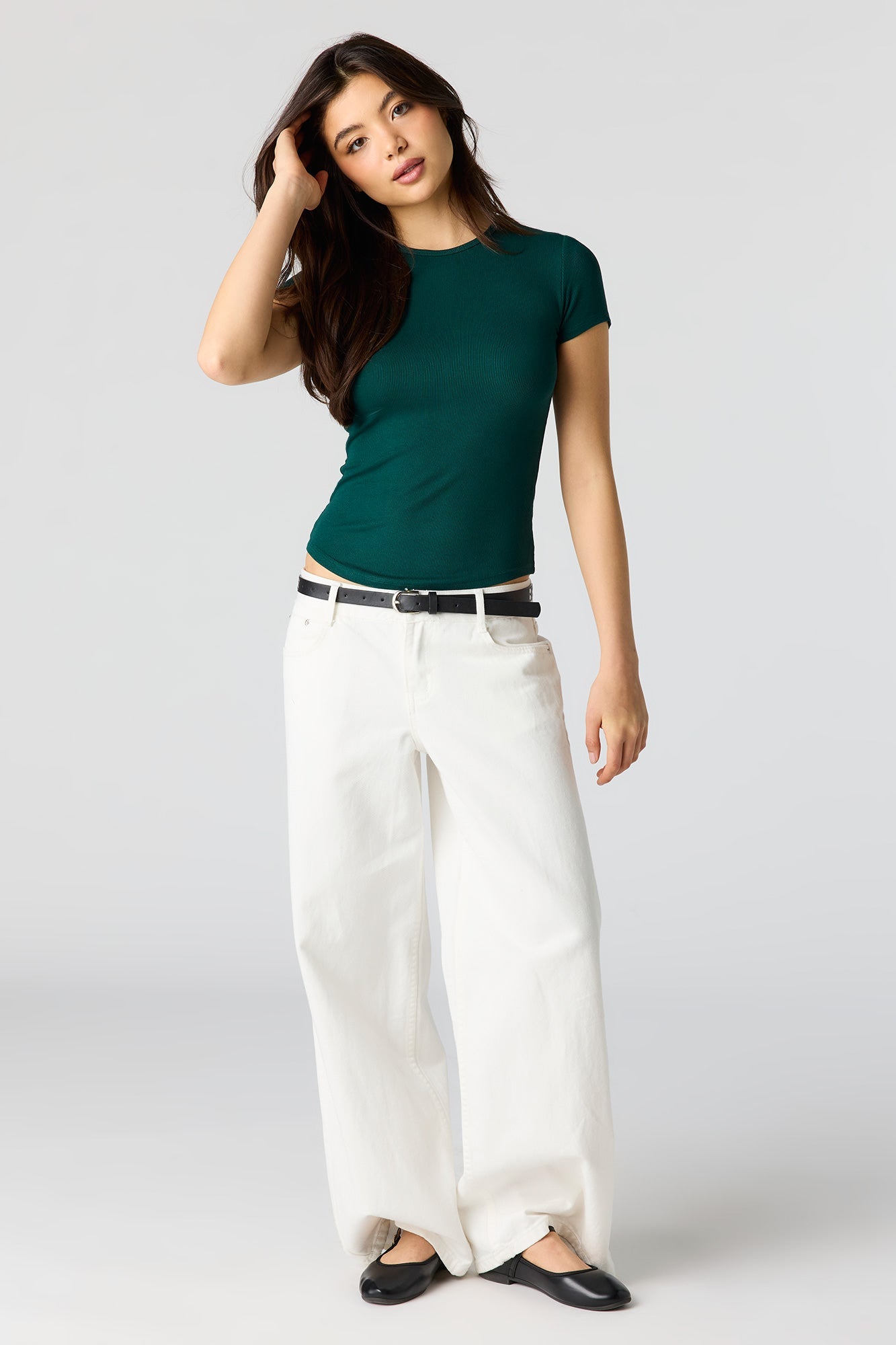 Ribbed Curved Hem T-Shirt