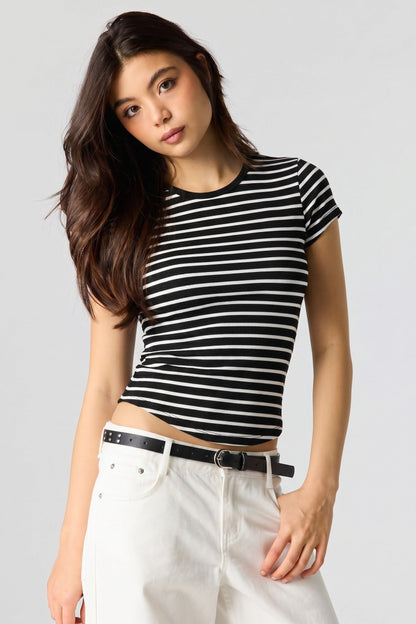Ribbed Curved Hem T-Shirt