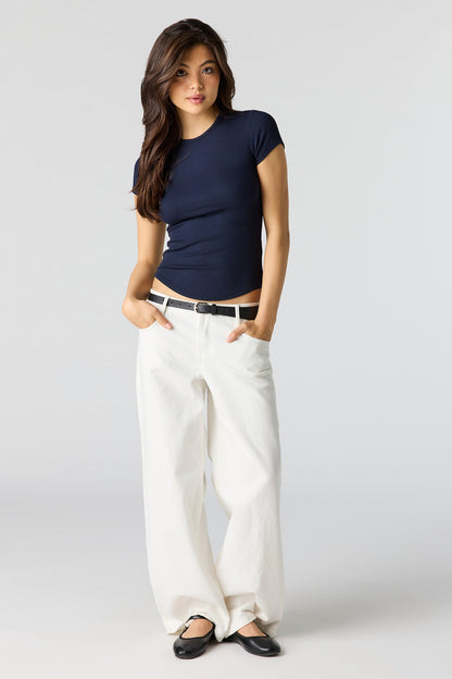 Ribbed Curved Hem T-Shirt
