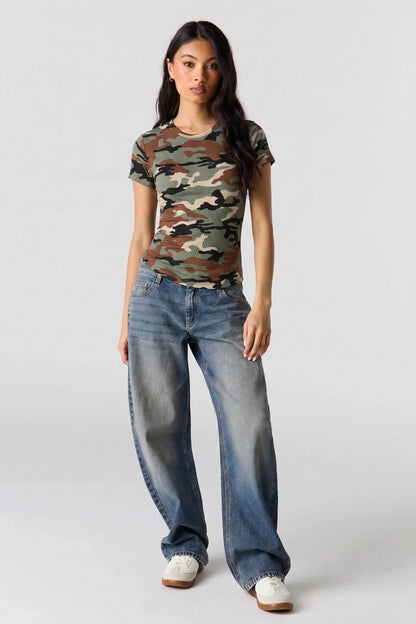 Ribbed Curved Hem T-Shirt