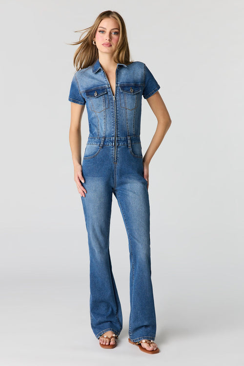 Stretch Denim Short Sleeve Jumpsuit