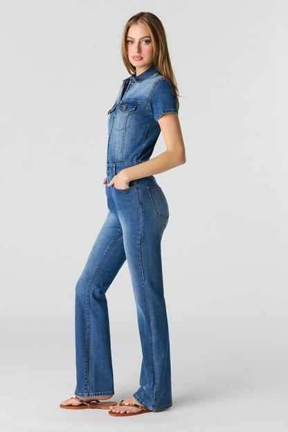Stretch Denim Short Sleeve Jumpsuit
