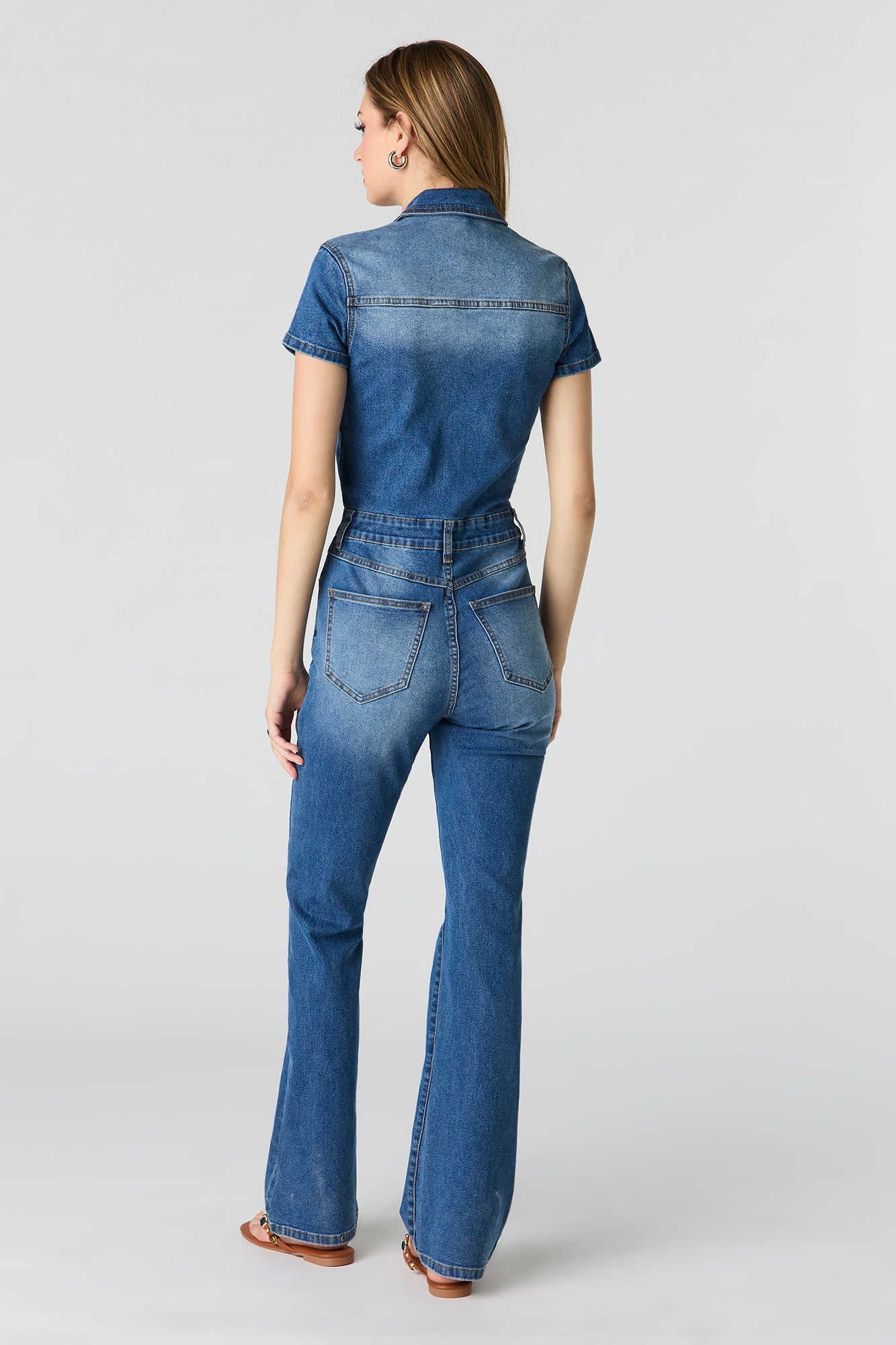 Stretch Denim Short Sleeve Jumpsuit