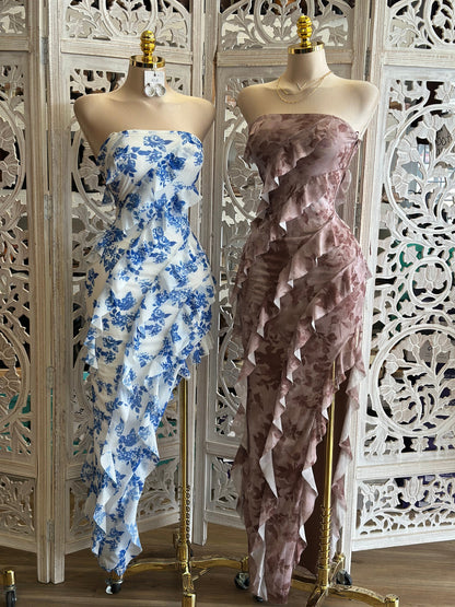 Strapless Ruffle Midi Dress- Stretchy,Estira