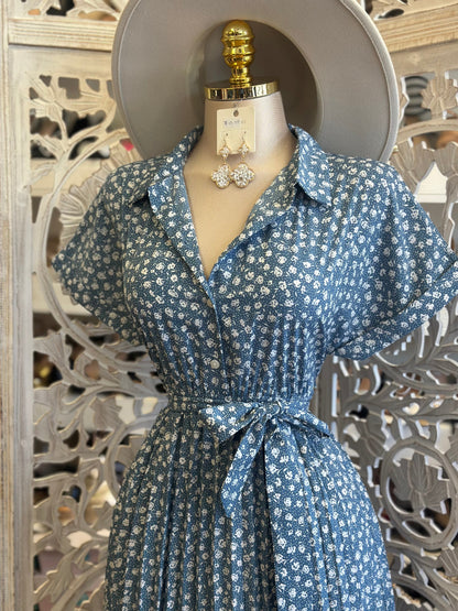 Blue Floral Button Dress-No Estira, Not Stretchy