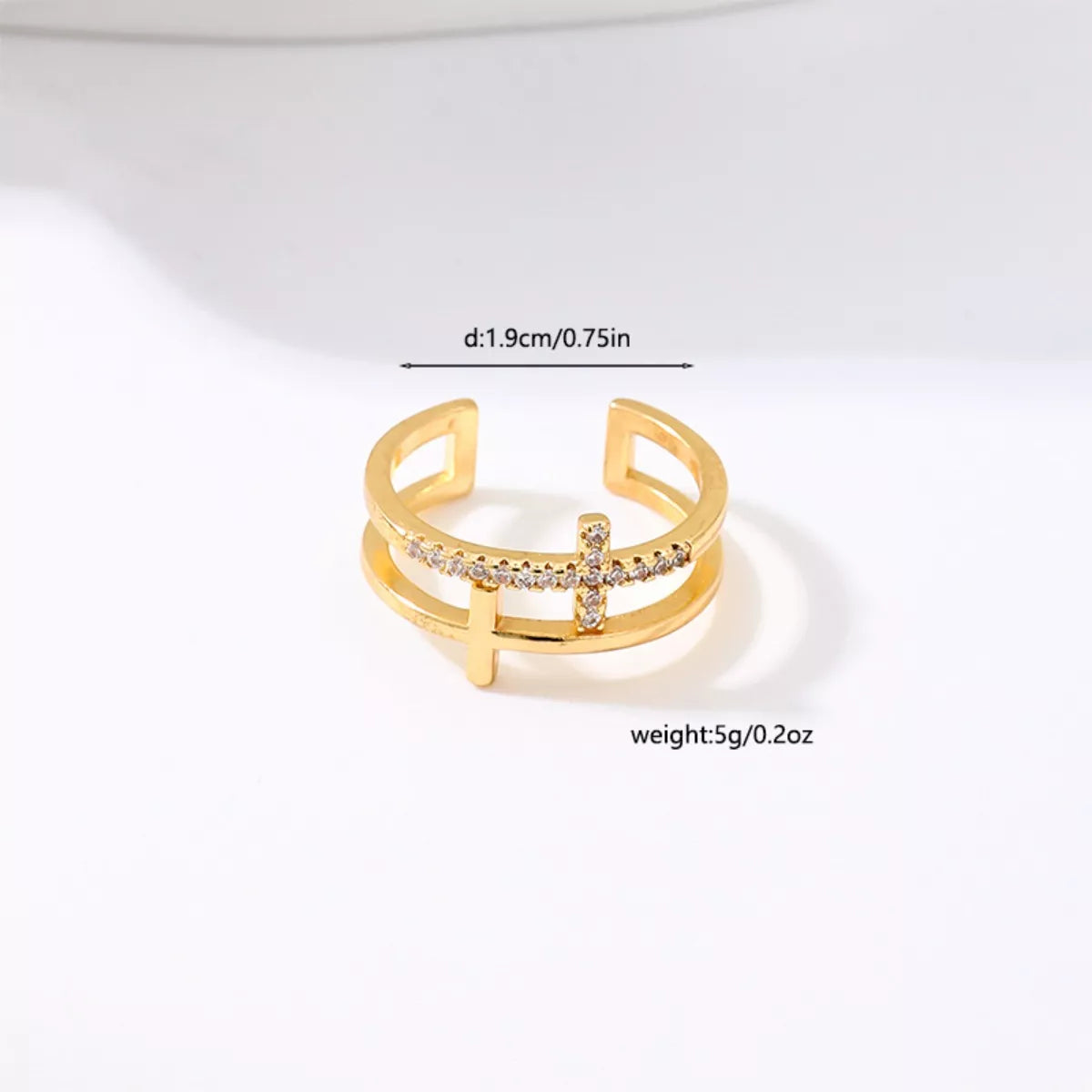 18K Gold-Plated Rhinestone Cross Open Ring
