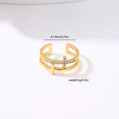 18K Gold-Plated Rhinestone Cross Open Ring