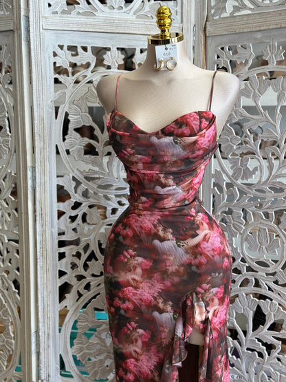 Cowl Neck Angel Pattern Midi Dress- Stretchy,Estira