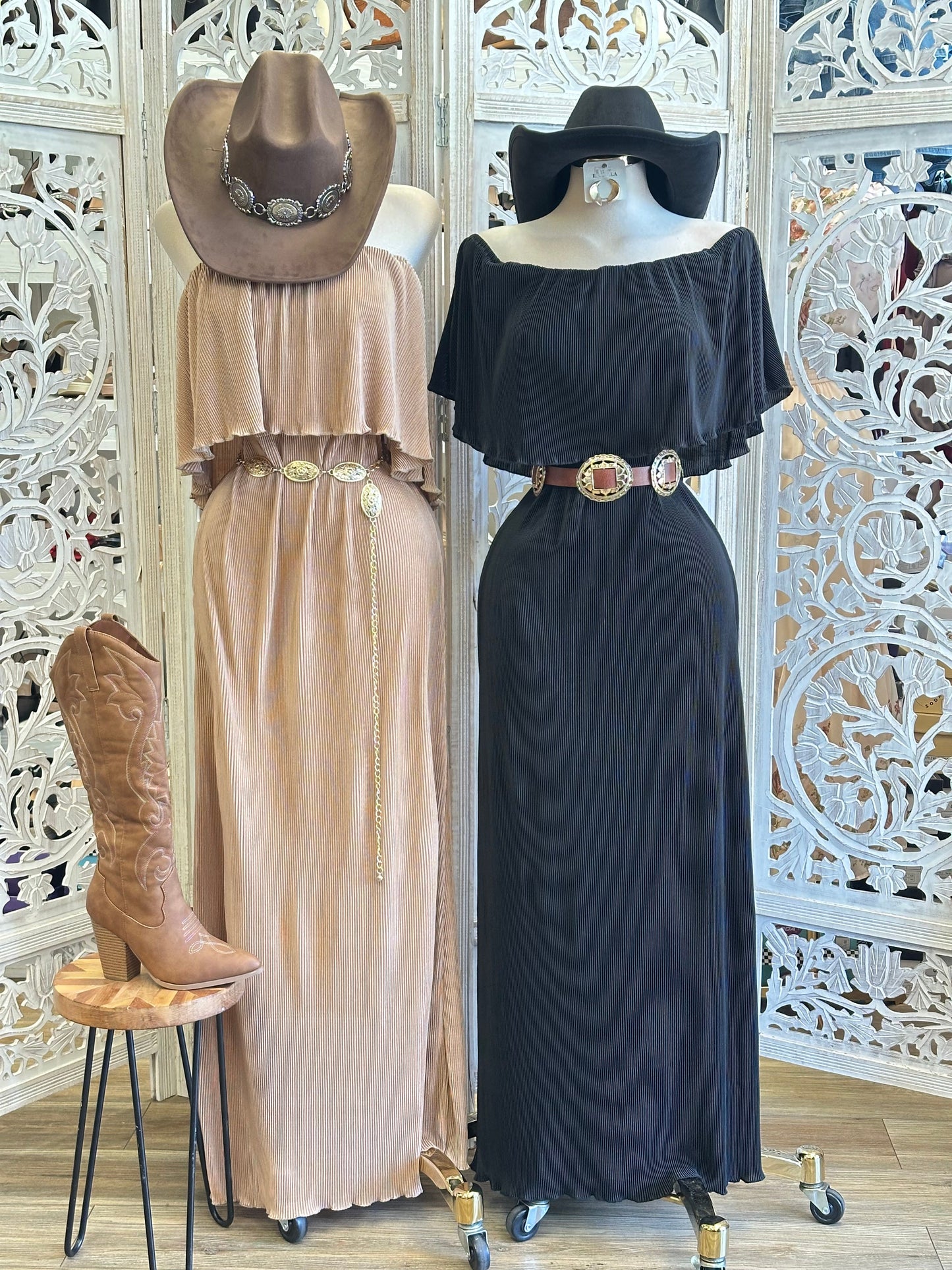 Pleated Maxi Dress- Estira, Stretchy