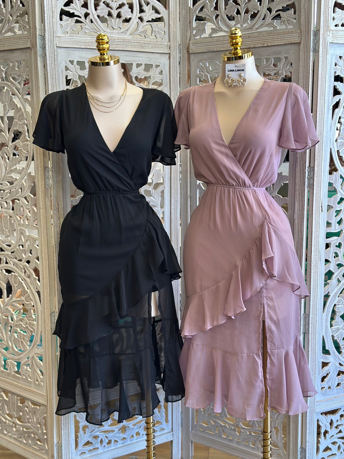 Wrapped Ruffle Midi Dress- Stretchy ,Estira