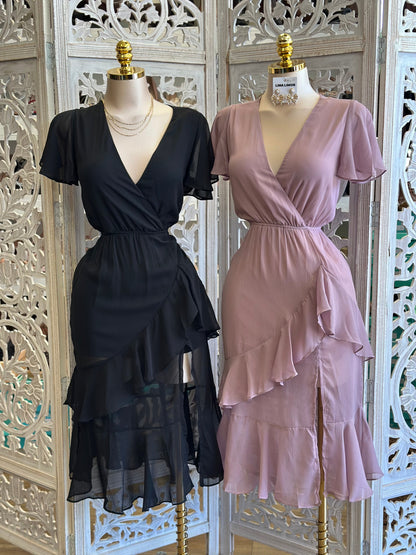 Wrapped Ruffle Midi Dress- Stretchy ,Estira