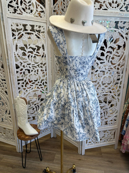 Blue Print Corset Dress- Slightly Stretchy, Estira Poco