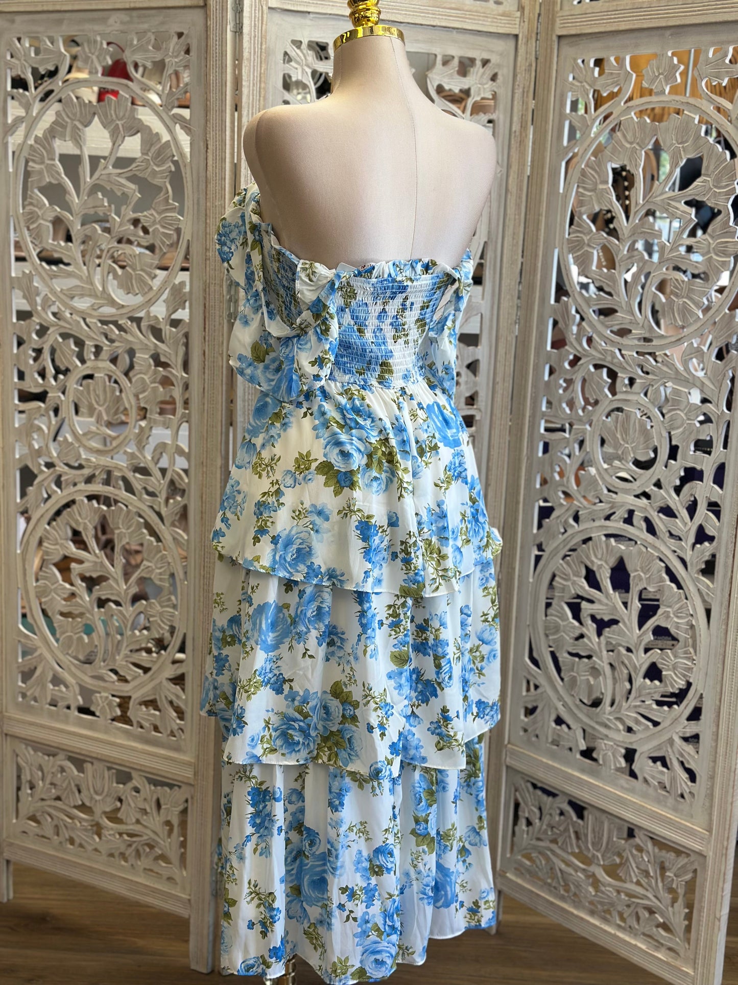 Ruffle Blue Floral Midi Dress- Estira,