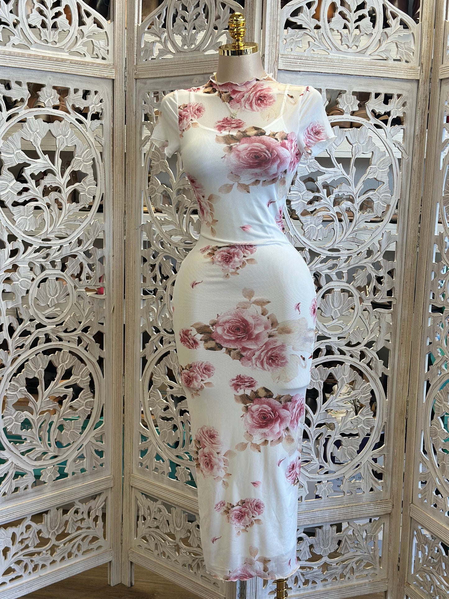 Mesh Floral Midi Dress- Stretchy, Estira