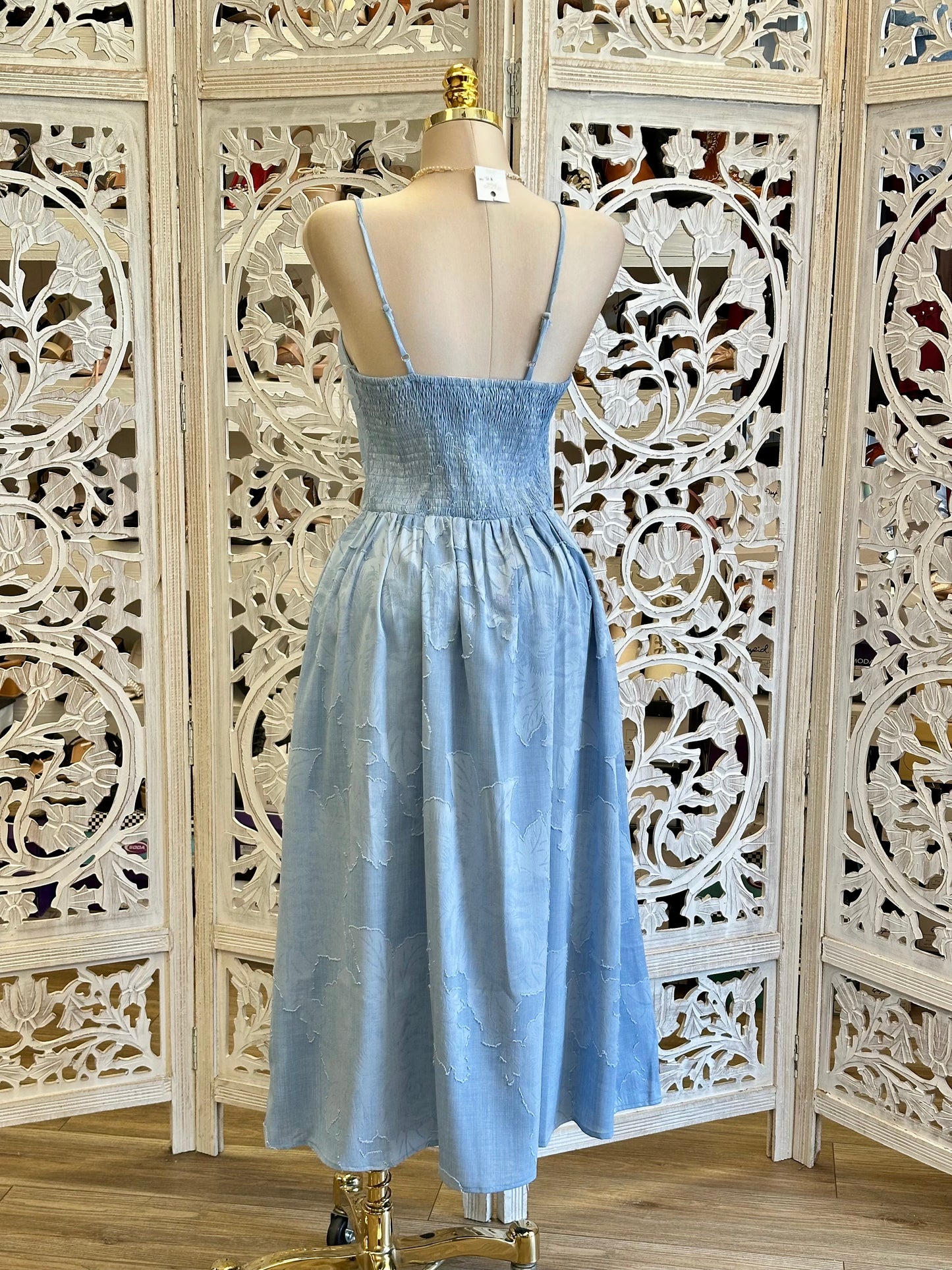 Denim Blue Floral Midi Dress-Stretchy, Estira